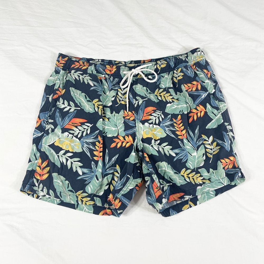 J. Crew Navy Blue Tropical Leaf Print Swim Trunks